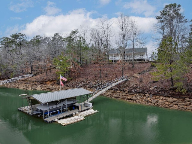 view of dock with a water view