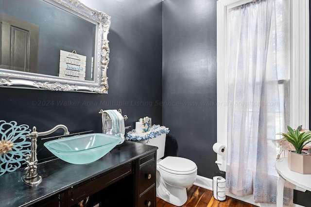 bathroom featuring hardwood / wood-style floors, vanity, and toilet