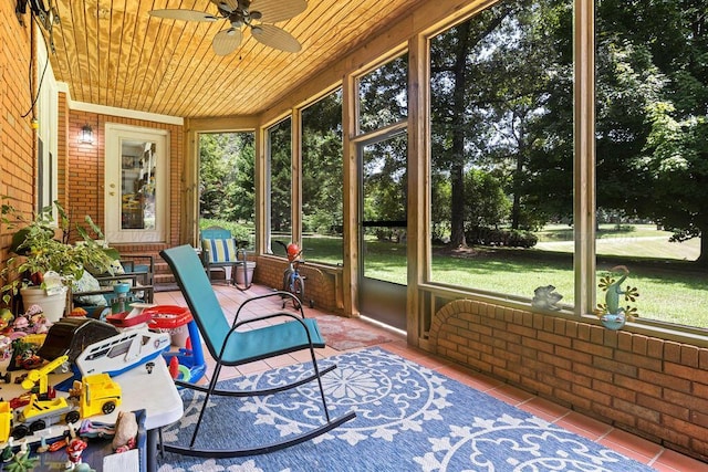 unfurnished sunroom featuring ceiling fan and wood ceiling