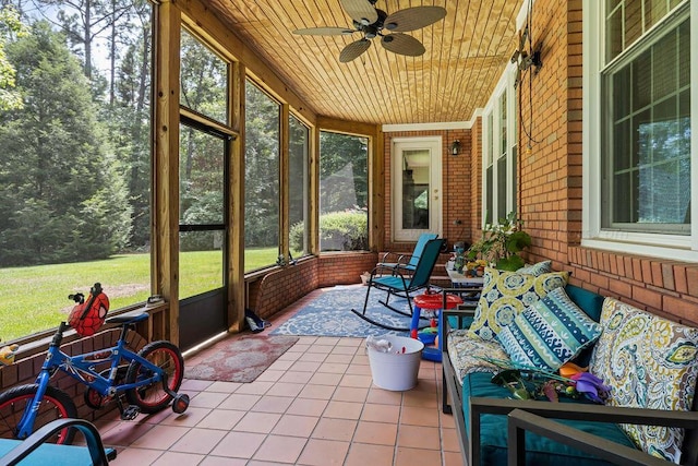 sunroom / solarium featuring ceiling fan and wood ceiling