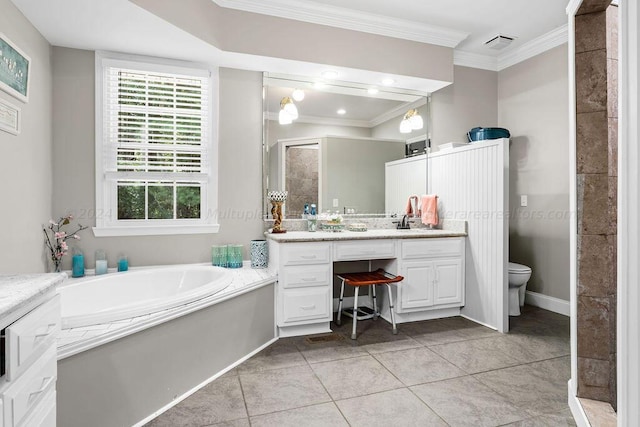 bathroom with vanity, a bath, tile patterned flooring, toilet, and ornamental molding