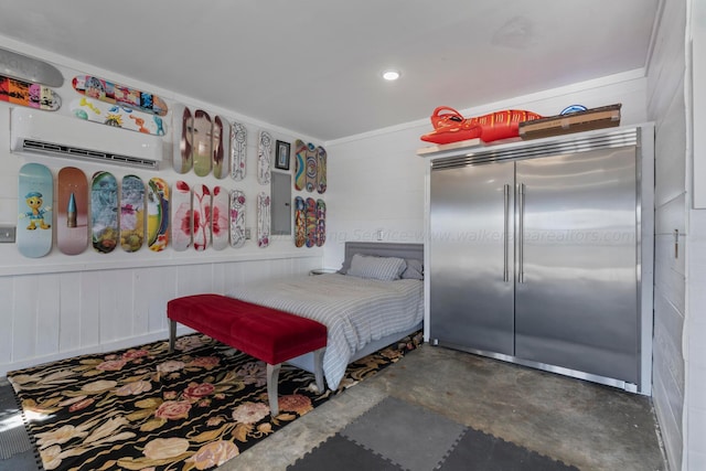 bedroom featuring built in refrigerator, a closet, concrete flooring, and an AC wall unit