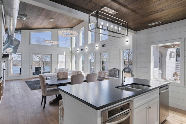 kitchen featuring dark countertops, wooden ceiling, open floor plan, and a sink