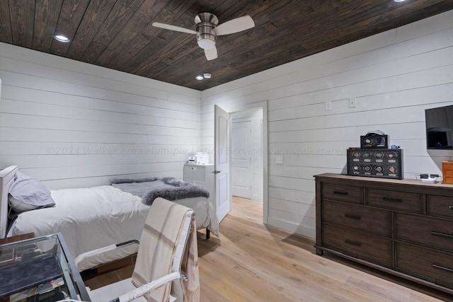 bedroom featuring ceiling fan, recessed lighting, wooden ceiling, and light wood-style floors