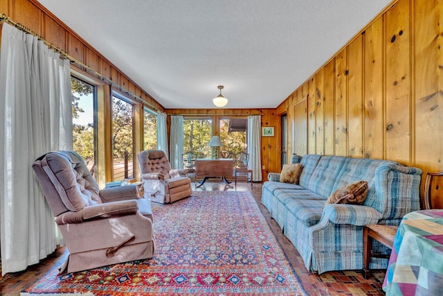 living room featuring a textured ceiling, dark wood-type flooring, and wood walls