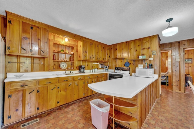 kitchen featuring sink, wood walls, a textured ceiling, decorative light fixtures, and white appliances