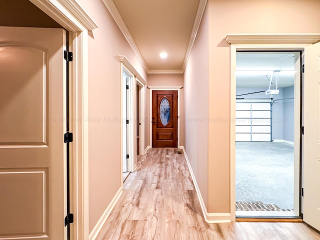 hallway featuring light wood-type flooring and ornamental molding