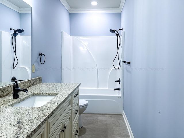 full bathroom featuring shower / bathing tub combination, vanity, toilet, and crown molding