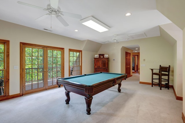 game room featuring pool table, light colored carpet, french doors, and ceiling fan