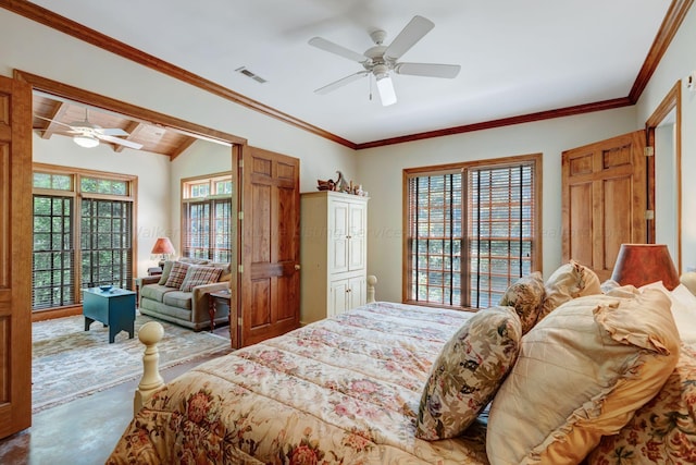 bedroom featuring crown molding, vaulted ceiling, and ceiling fan