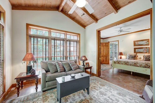 interior space with beam ceiling, ceiling fan, and wood ceiling