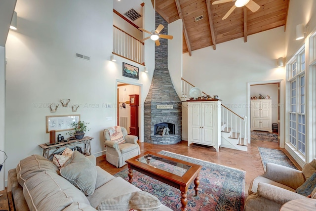 living room with wood ceiling, high vaulted ceiling, and beamed ceiling