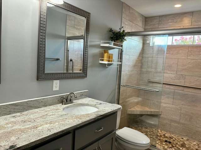 bathroom with vanity, toilet, and a shower with door