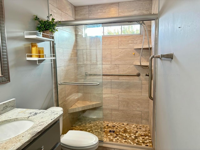 bathroom featuring vanity, toilet, and an enclosed shower