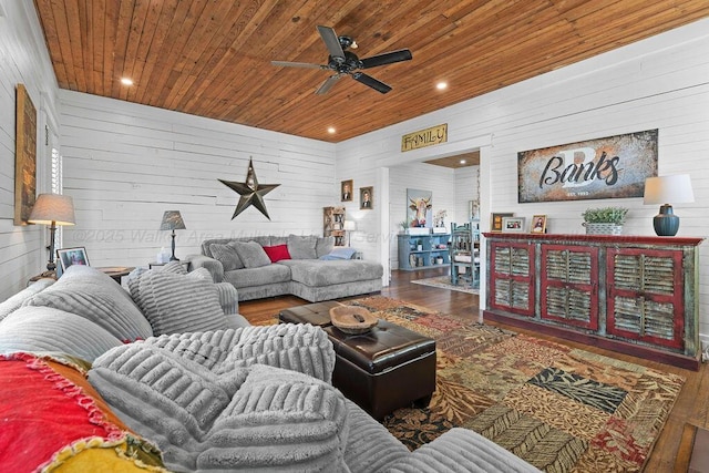 living area with recessed lighting, wooden ceiling, a ceiling fan, and wood finished floors