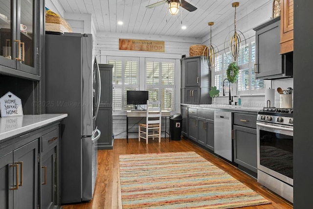 kitchen featuring gray cabinets, a sink, ceiling fan, stainless steel appliances, and wood ceiling