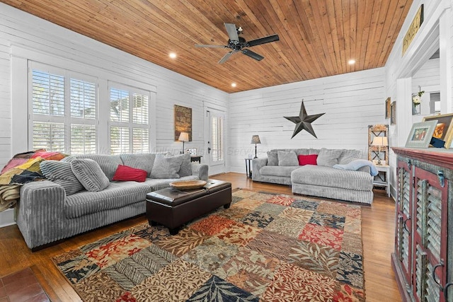 living area featuring ceiling fan, wood finished floors, wooden ceiling, and recessed lighting