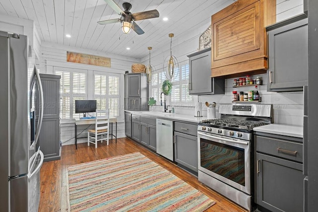 kitchen featuring gray cabinetry, wooden ceiling, stainless steel appliances, a ceiling fan, and a sink