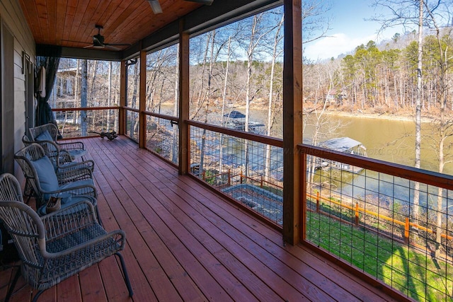 sunroom with ceiling fan, a water view, and wooden ceiling