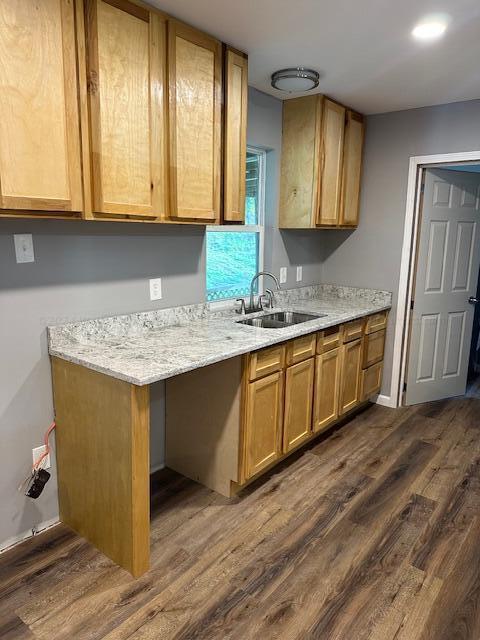 kitchen with dark hardwood / wood-style floors, light stone counters, and sink