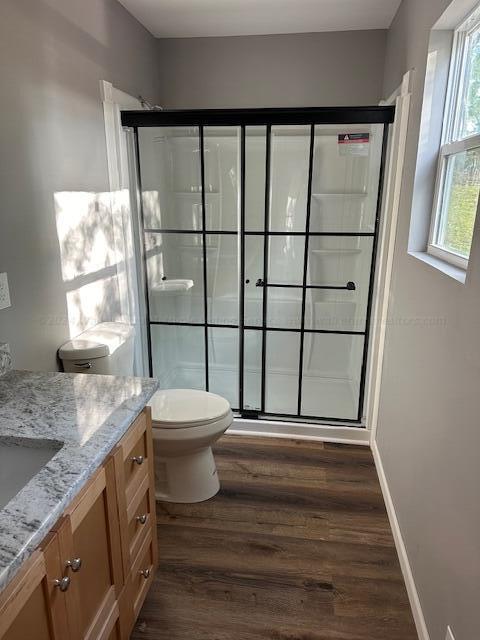 bathroom featuring wood-type flooring, vanity, toilet, and a shower with shower door