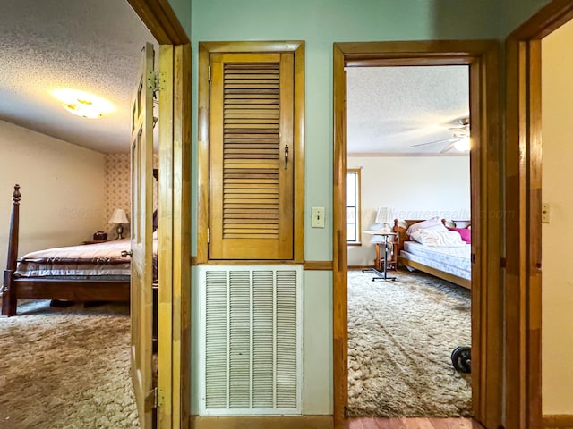 hall featuring carpet and a textured ceiling