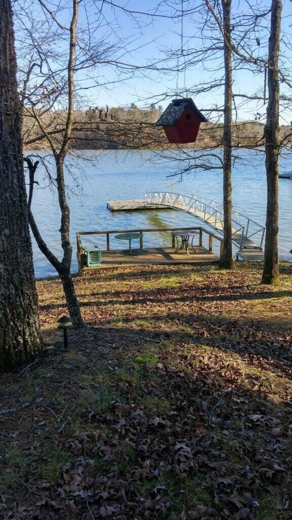 view of yard featuring a water view and a boat dock