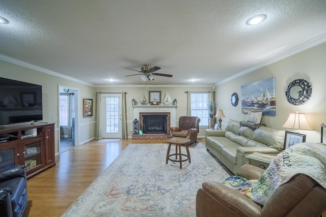 living room with ornamental molding, a fireplace, and light hardwood / wood-style floors