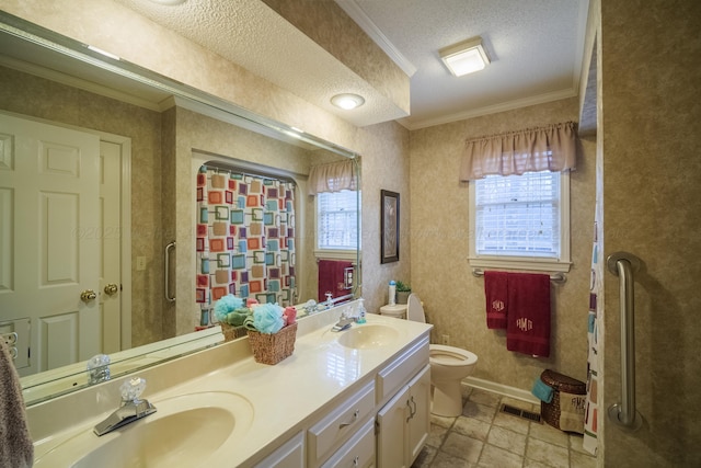 bathroom featuring ornamental molding, toilet, a textured ceiling, and vanity