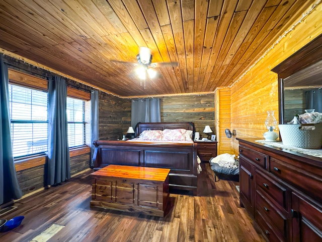 bedroom with wood walls, wooden ceiling, and dark wood-type flooring