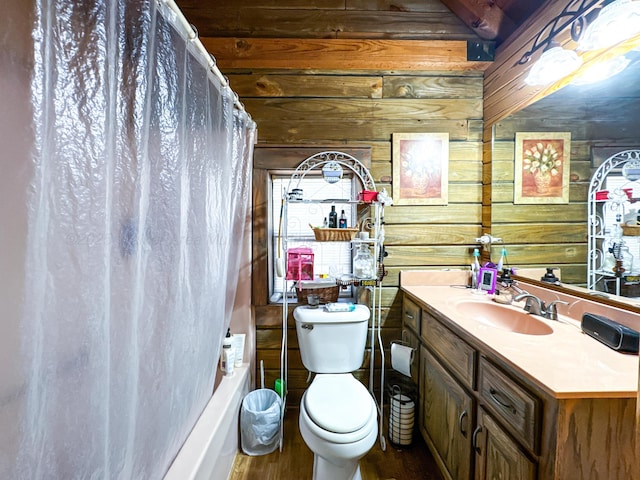 full bathroom featuring vanity, wood walls, toilet, wood ceiling, and shower / tub combo