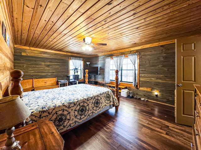 bedroom featuring ceiling fan, dark hardwood / wood-style floors, wood ceiling, and wooden walls