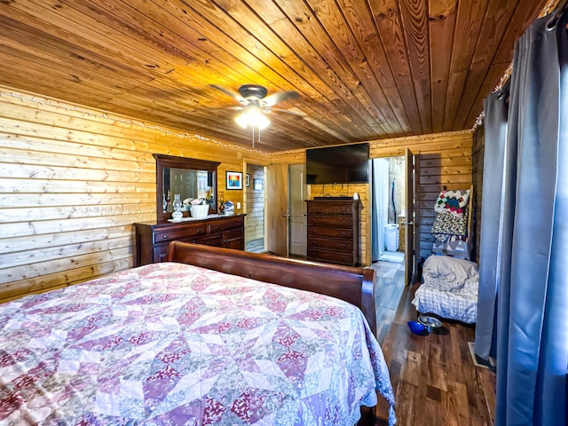 bedroom featuring dark wood-type flooring, ceiling fan, wooden walls, and wood ceiling