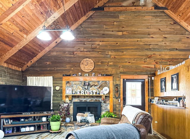 living room featuring beamed ceiling, wooden ceiling, and wooden walls