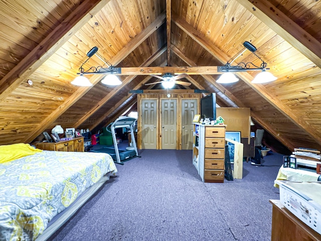 bedroom with vaulted ceiling with beams, dark carpet, and wooden ceiling