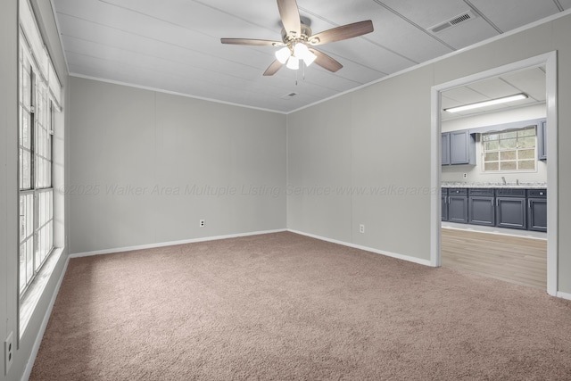 carpeted spare room with a healthy amount of sunlight, ceiling fan, and crown molding