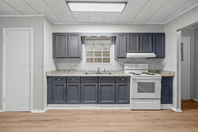 kitchen featuring electric range, light stone counters, sink, and light hardwood / wood-style flooring