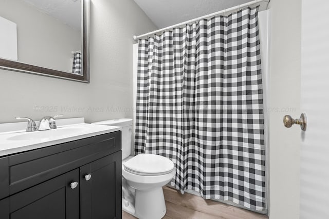 bathroom with vanity, hardwood / wood-style flooring, and toilet