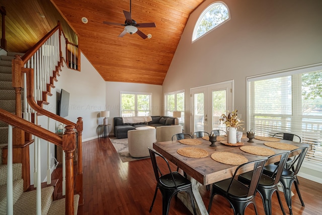 dining room with french doors, ceiling fan, dark wood-type flooring, high vaulted ceiling, and wooden ceiling