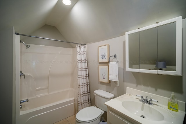 full bathroom with vanity, lofted ceiling, tile patterned flooring, toilet, and shower / tub combo with curtain