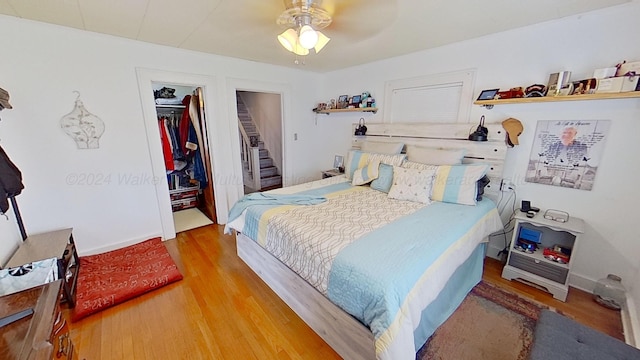 bedroom with a walk in closet, ceiling fan, a closet, and wood-type flooring