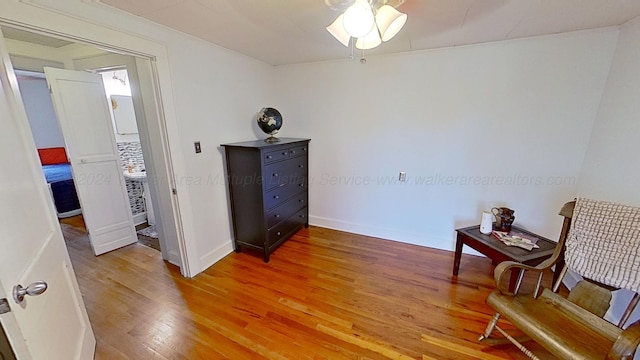 interior space featuring wood-type flooring and ceiling fan