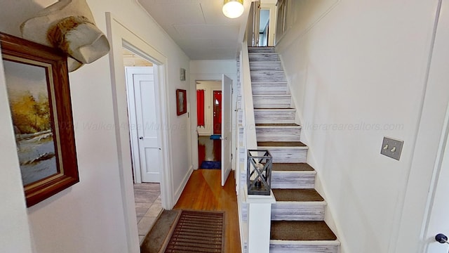 stairs featuring hardwood / wood-style floors