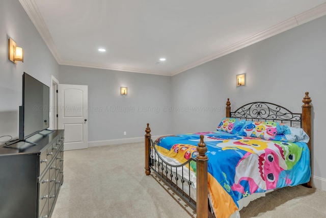 bedroom with light carpet, recessed lighting, baseboards, and crown molding