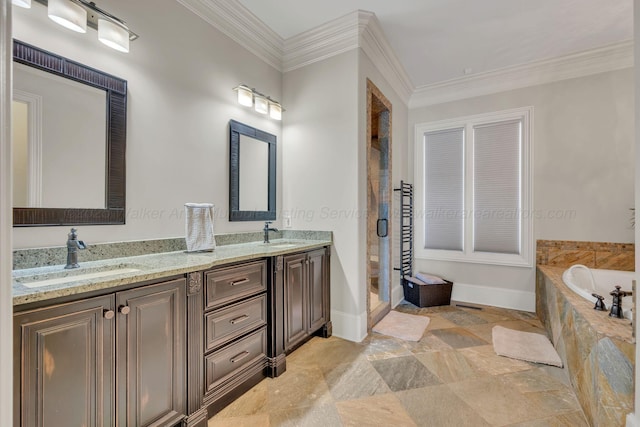 bathroom with a garden tub, ornamental molding, a sink, and a shower stall