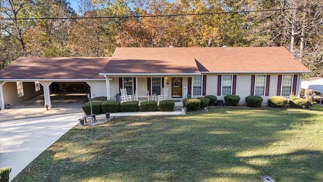 ranch-style house with a front lawn, a porch, and a carport