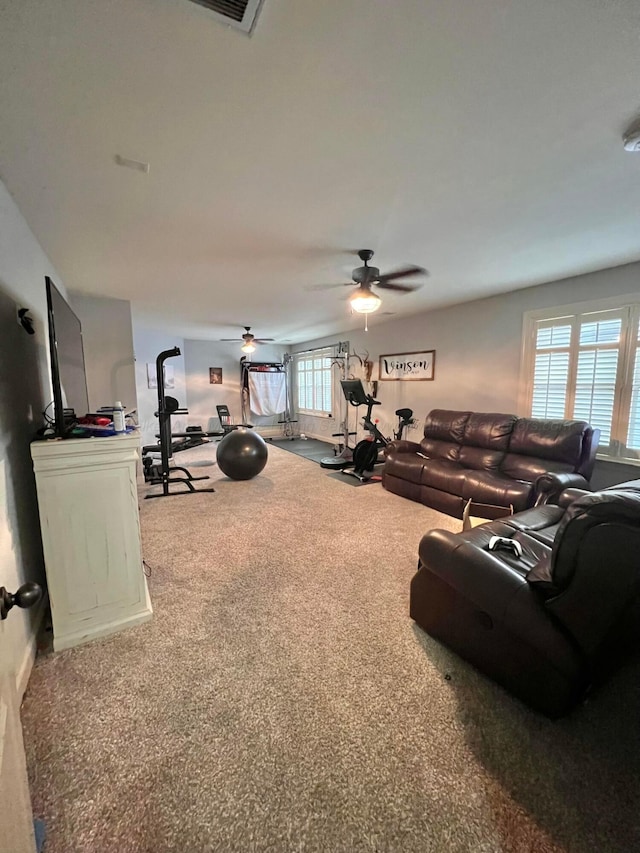 living room with ceiling fan, a wealth of natural light, and carpet floors