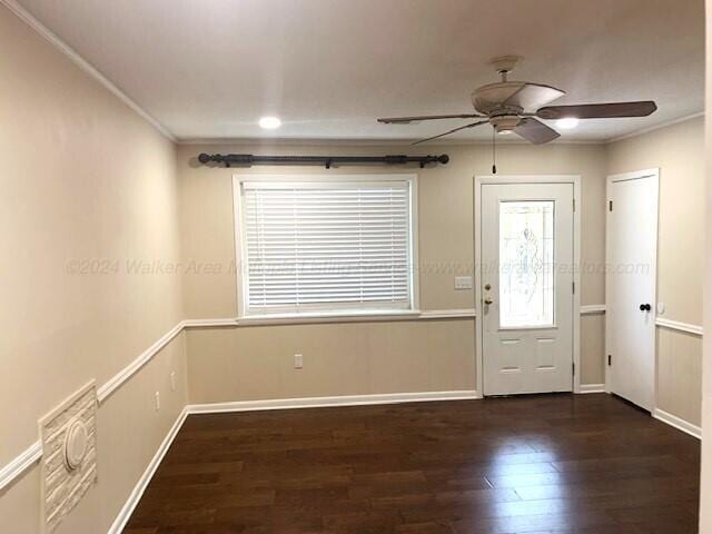 entryway featuring a wealth of natural light, ceiling fan, dark hardwood / wood-style floors, and ornamental molding