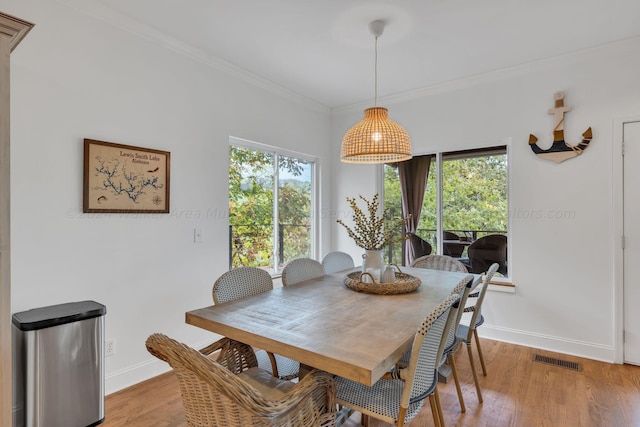 dining area featuring ornamental molding, light wood-type flooring, and a healthy amount of sunlight