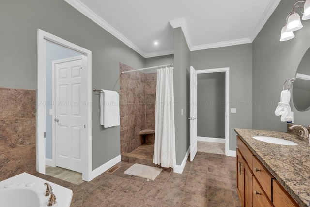 bathroom with vanity, separate shower and tub, and crown molding